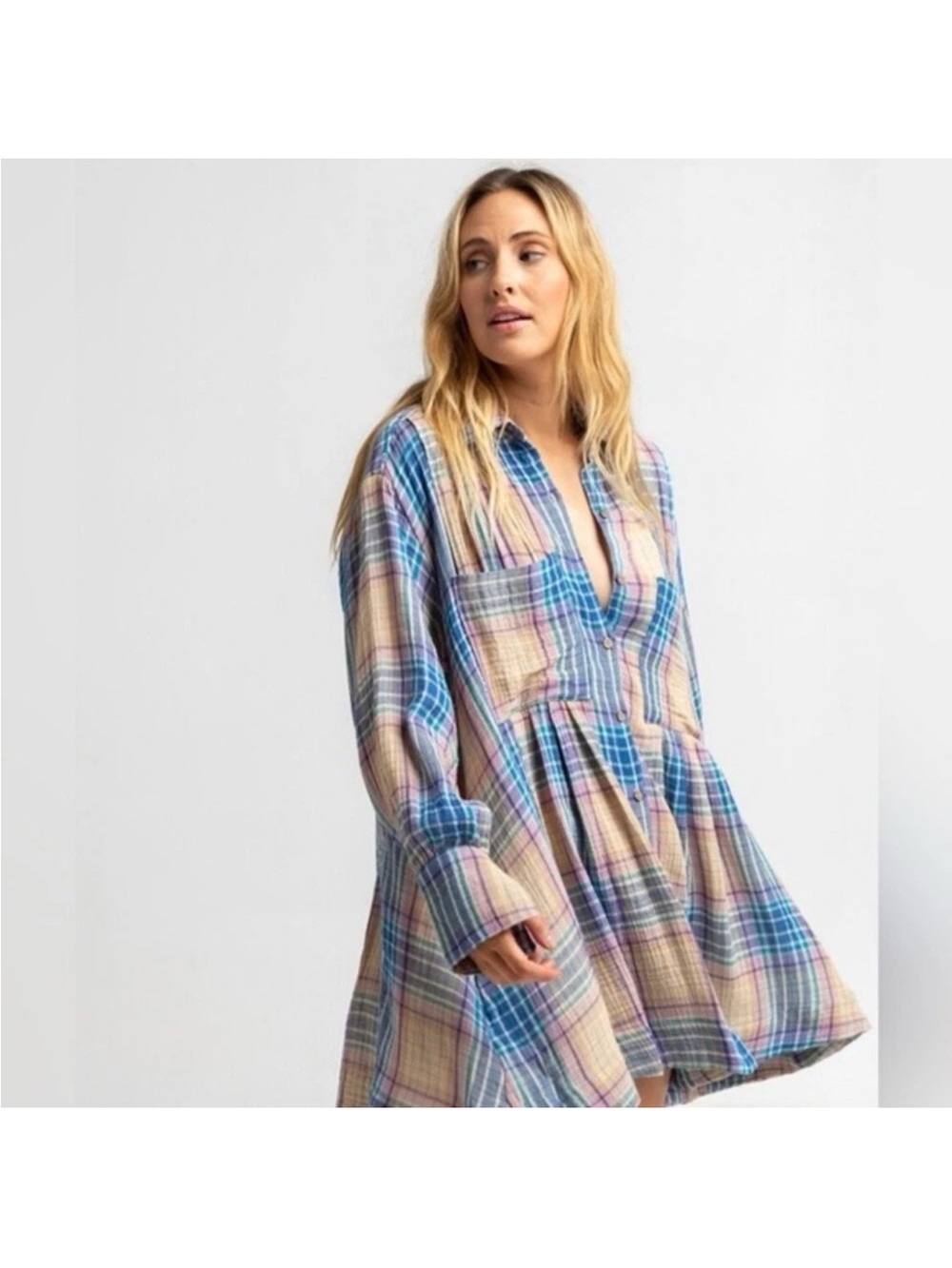 Free People Oversized Plaid Button-Front Voyage Shirt Dress in Blue Lavender Tan - Picture 2 of 9
